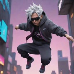 A 27 year old Anime Disney Pixar animation character with gray hair, wearing a Majin hoodie and a mask, falling from space in a cyberpunk setting