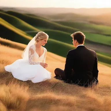 The couple sat on the inclined hillside, enjoying a romantic sunset together.