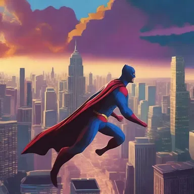 As the superhero soared across the sky, chasing down the villain, the cityscape was painted with vibrant colors of the crepuscule.