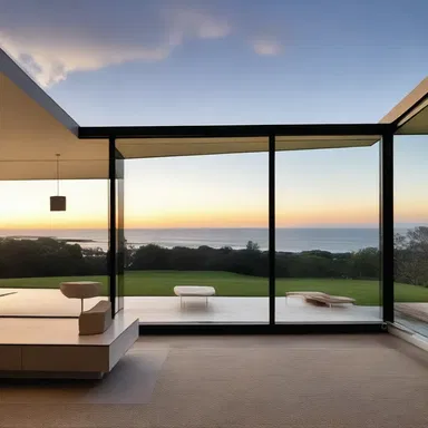 The modernist house was designed with large windows to capture the breathtaking view of the crepuscule over the horizon.