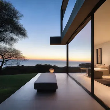 The modernist house was designed with large windows to capture the breathtaking view of the crepuscule over the horizon.