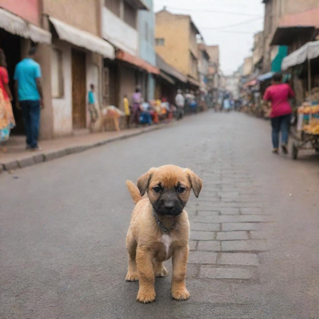 An adorable puppy exploring a vibrant, bustling street in Addis Ababa, surrounded by typical Ethiopian architecture and colorful street markets.