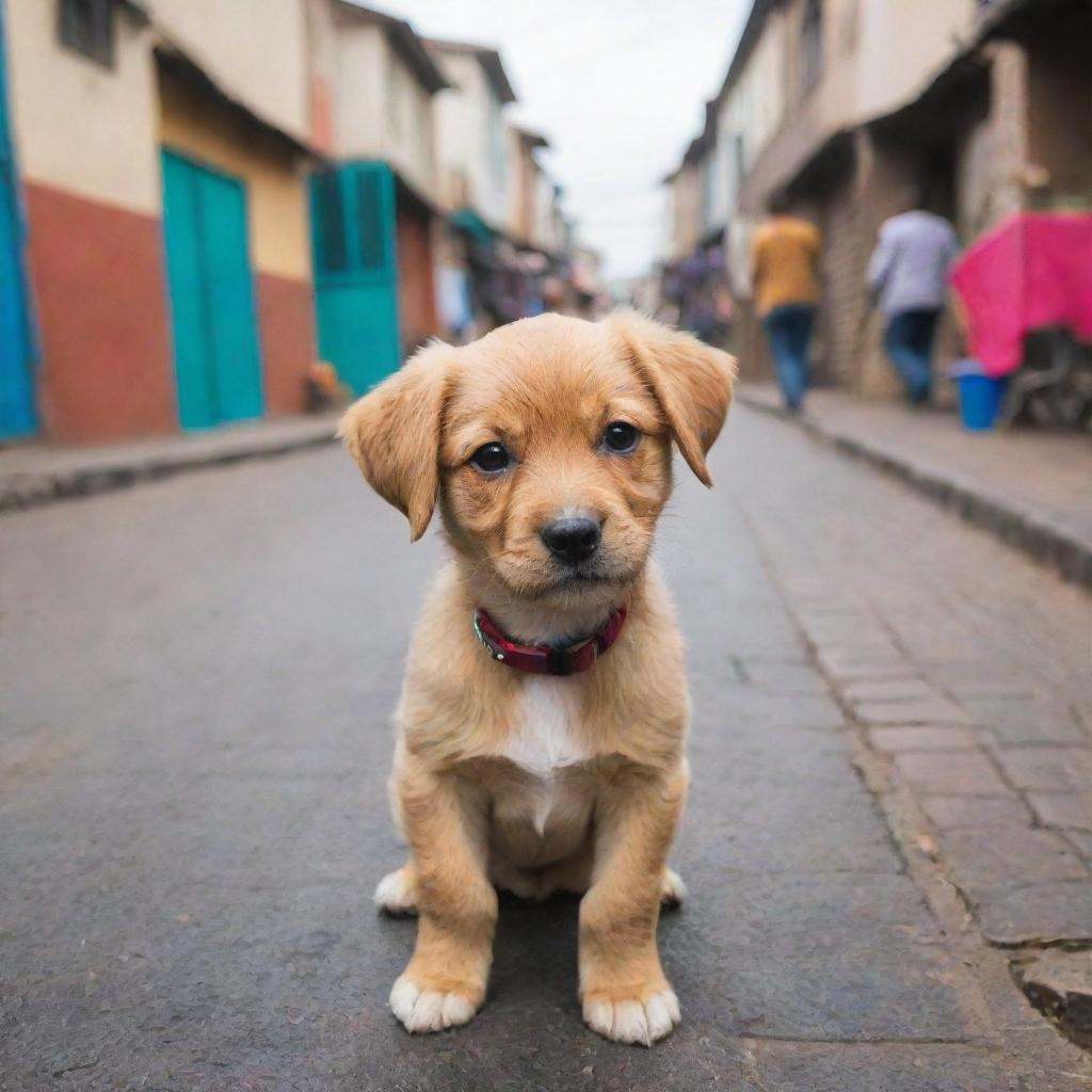 An adorable puppy exploring a vibrant, bustling street in Addis Ababa, surrounded by typical Ethiopian architecture and colorful street markets.