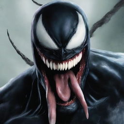 A high-quality digital art representation of a person's face, artistically merged with the menacing features of Marvel's character, Venom