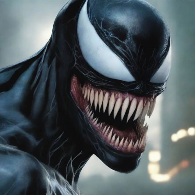 A high-quality digital art representation of a person's face, artistically merged with the menacing features of Marvel's character, Venom