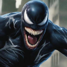 A high-quality digital art representation of a person's face, artistically merged with the menacing features of Marvel's character, Venom