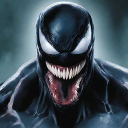 A high-quality digital art representation of a person's face, artistically merged with the menacing features of Marvel's character, Venom