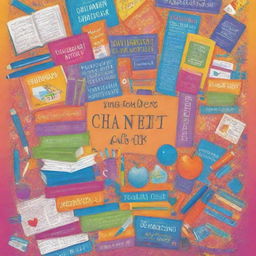 Design a vibrant poster featuring an array of books, pens, and other school materials, promoting a charity event. The mood of the poster should be uplifting and encouraging.