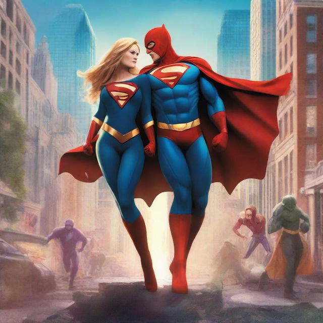 A high-quality digital art piece depicting superhero couples