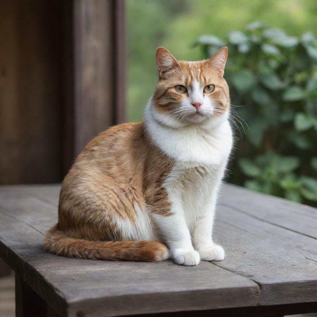 A gracefully seated cat on a rustic wooden table, exuding tranquility.