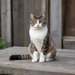 A gracefully seated cat on a rustic wooden table, exuding tranquility.