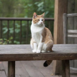 A gracefully seated cat on a rustic wooden table, exuding tranquility.