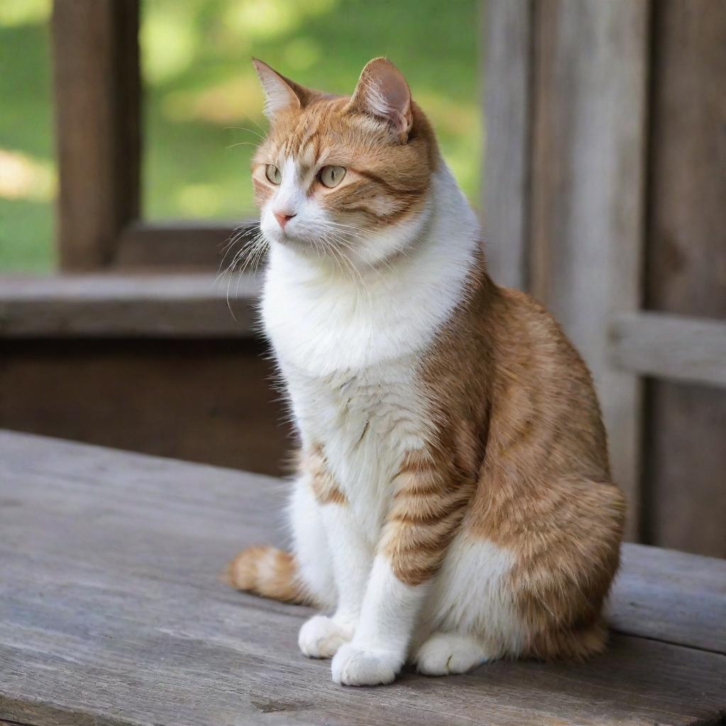 A gracefully seated cat on a rustic wooden table, exuding tranquility.