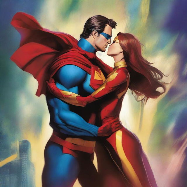 A high-quality digital art piece featuring superhero couples