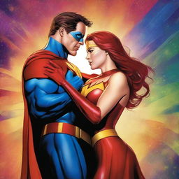 A high-quality digital art piece featuring superhero couples