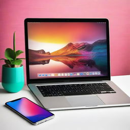 An image of a high-definition laptop and an iPhone, both placed on a sleek, modern desk