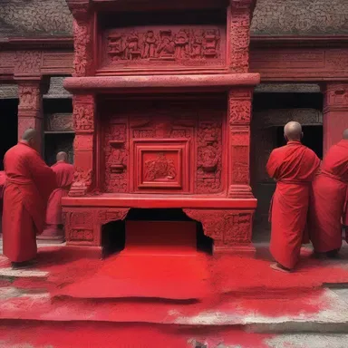 During the religious ceremony, the worshippers painted the altar with red dye as a symbol of sacrifice and bloodshed.