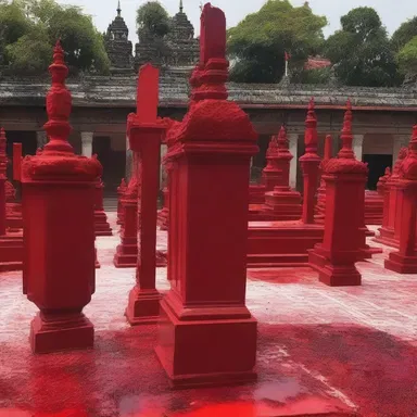 During the religious ceremony, the worshippers painted the altar with red dye as a symbol of sacrifice and bloodshed.