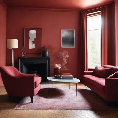 The walls of the modern living room were painted in a deep shade of red, adding a bold and vibrant touch to the space.