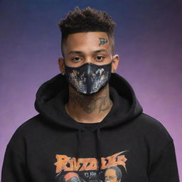 26-year-old man with brown skin, a trimmed haircut, wearing a black hoodie labelled 'M4jin', sporting a cultural tattoo, wearing a mask, depicted in an anime-inspired cyberpunk Disney style, falling from space