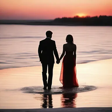 The couple walked hand in hand, with the red sunset as a backdrop to their love story.