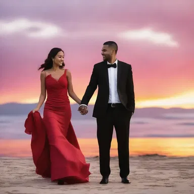 The couple walked hand in hand, with the red sunset as a backdrop to their love story.