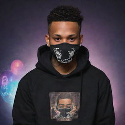 26-year-old man with brown skin, a trimmed haircut, wearing a black hoodie labelled 'M4jin', sporting a cultural tattoo, wearing a mask, depicted in an anime-inspired cyberpunk Disney style, falling from space