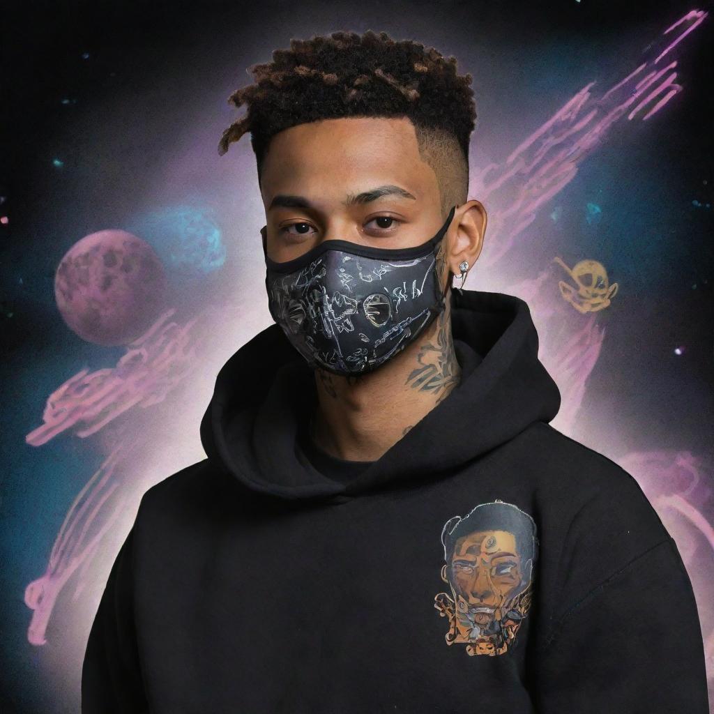 26-year-old man with brown skin, a trimmed haircut, wearing a black hoodie labelled 'M4jin', sporting a cultural tattoo, wearing a mask, depicted in an anime-inspired cyberpunk Disney style, falling from space