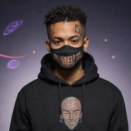 26-year-old man with brown skin, a trimmed haircut, wearing a black hoodie labelled 'M4jin', sporting a cultural tattoo, wearing a mask, depicted in an anime-inspired cyberpunk Disney style, falling from space