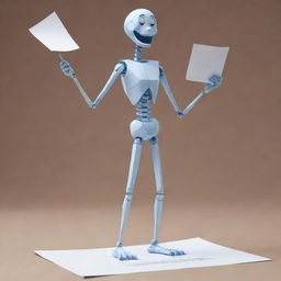 A detailed 3D model of an anthropomorphic figure styled as a voice wave, standing upright, holding a piece of paper in one hand.