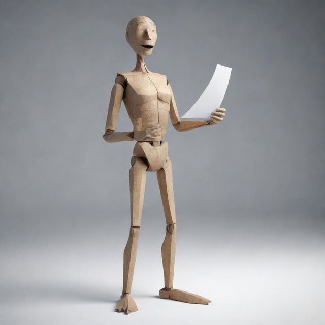 A detailed 3D model of an anthropomorphic figure styled as a voice wave, standing upright, holding a piece of paper in one hand.