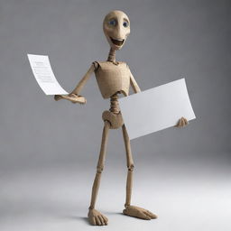 A detailed 3D model of an anthropomorphic figure styled as a voice wave, standing upright, holding a piece of paper in one hand.