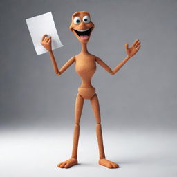 A detailed 3D model of an anthropomorphic figure styled as a voice wave, standing upright, holding a piece of paper in one hand.