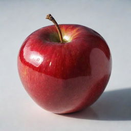 A crisp, juicy apple with a vibrant red color, resting on a clean, glossy surface, reflecting some sunlight.