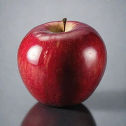 A crisp, juicy apple with a vibrant red color, resting on a clean, glossy surface, reflecting some sunlight.