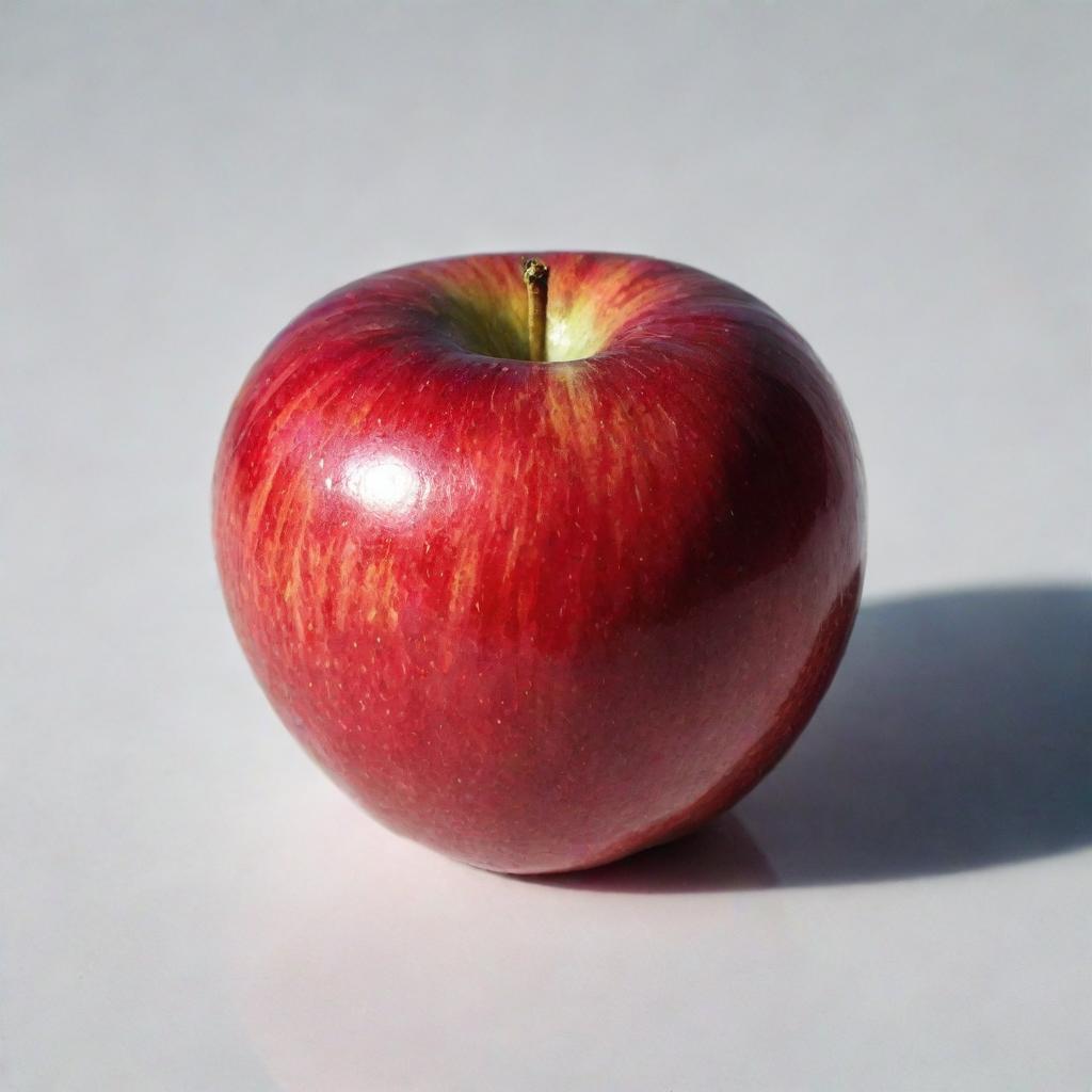 A crisp, juicy apple with a vibrant red color, resting on a clean, glossy surface, reflecting some sunlight.