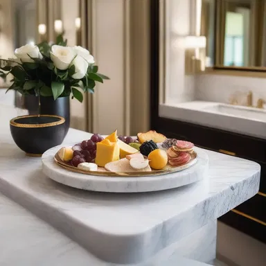 The luxurious penthouse suite was adorned with elegant touches, including a custom-made platter display embedded into the modern marble countertop of the entertainment area.