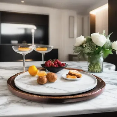 The luxurious penthouse suite was adorned with elegant touches, including a custom-made platter display embedded into the modern marble countertop of the entertainment area.