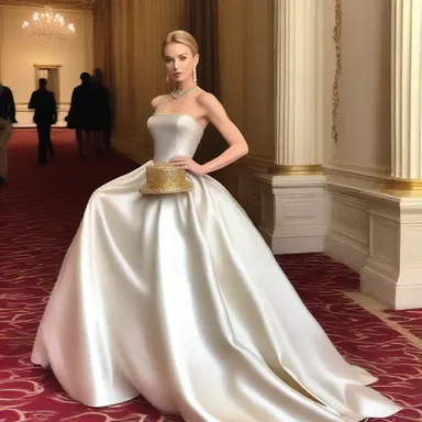 At the glamorous awards ceremony, the model flaunted a stunning designer gown, accessorized with a pearl necklace and carried a gold platter with elegance.