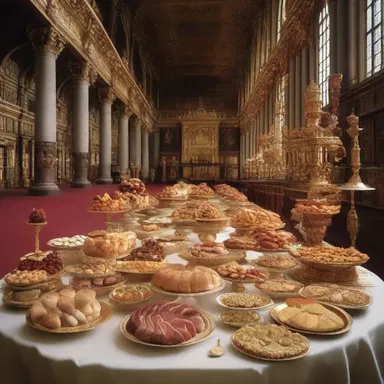 During the coronation feast of King Henry VIII, a lavish assortment of delicacies was presented on a golden platter in the grand royal hall.