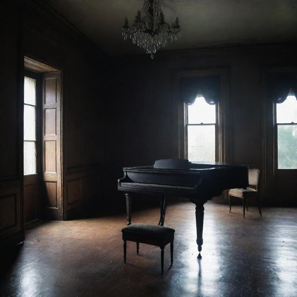 An old mansion with dim, eerie shadows, filled with an air of mystery. A single, ancient piano is remotely glowing, adding a touch of enchanting flare in the midst of the gloom.