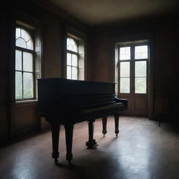 An old mansion with dim, eerie shadows, filled with an air of mystery. A single, ancient piano is remotely glowing, adding a touch of enchanting flare in the midst of the gloom.