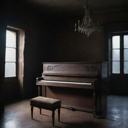 An old mansion with dim, eerie shadows, filled with an air of mystery. A single, ancient piano is remotely glowing, adding a touch of enchanting flare in the midst of the gloom.