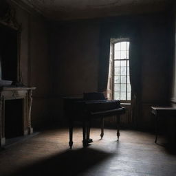 An old mansion with dim, eerie shadows, filled with an air of mystery. A single, ancient piano is remotely glowing, adding a touch of enchanting flare in the midst of the gloom.