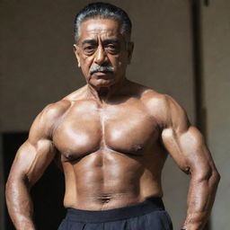 Kamal Haasan as a 120-year old bodybuilder, showcasing a muscular physique combined with age wrinkles and signs of old age.