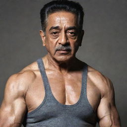 Kamal Haasan as a 120-year old bodybuilder, showcasing a muscular physique combined with age wrinkles and signs of old age.