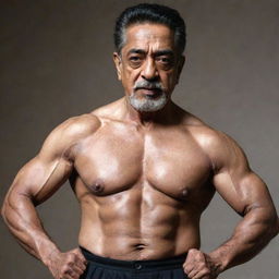 Kamal Haasan as a 120-year old bodybuilder, showcasing a muscular physique combined with age wrinkles and signs of old age.