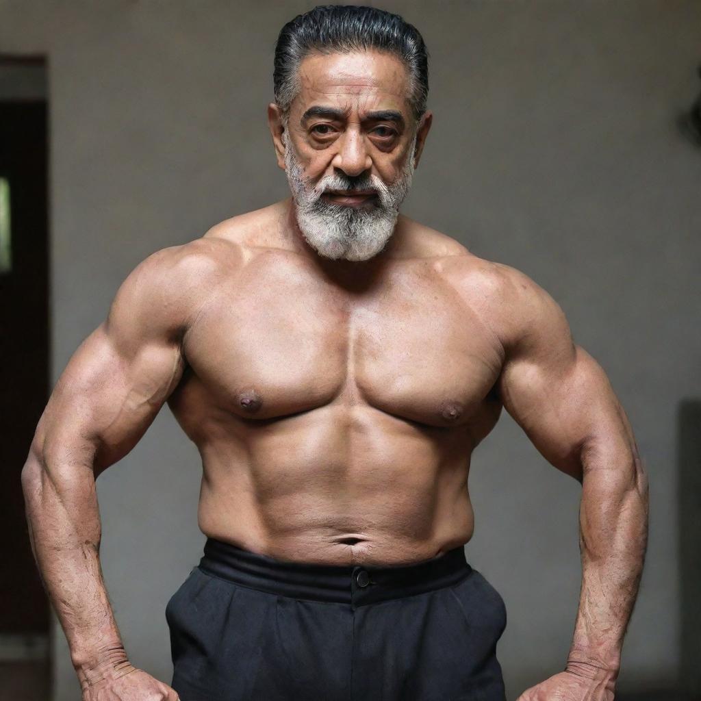 Kamal Haasan as a 120-year old bodybuilder, showcasing a muscular physique combined with age wrinkles and signs of old age.