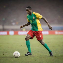 A Malian football player set against a vibrant stadium, mid-action, kicking a football with intense precision and energy.