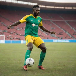 A Malian football player set against a vibrant stadium, mid-action, kicking a football with intense precision and energy.